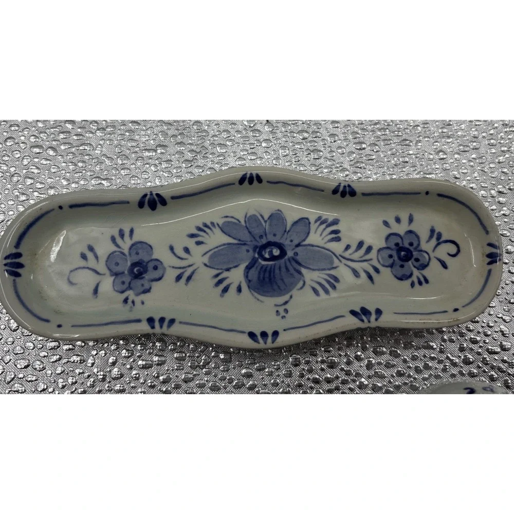Delft Blue Netherlands Hand Painted 6‎ Piece Condiment Set Tray Wooden Spoon